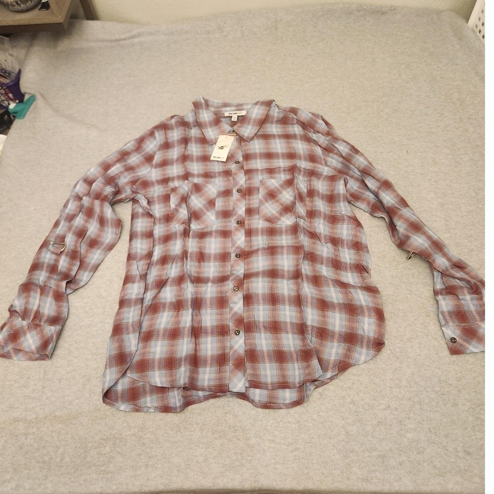 William Rast Shirt Womens XXL Wine Plaid Carina Roll Tab Long Sleeve Snap Front